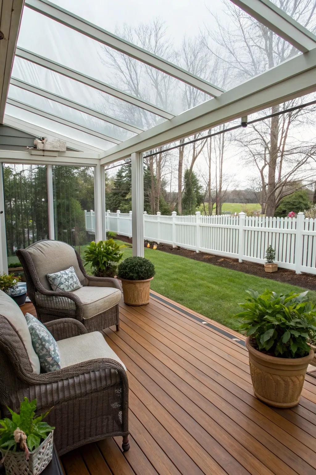 A front porch partially enclosed with glass, perfect for all seasons.