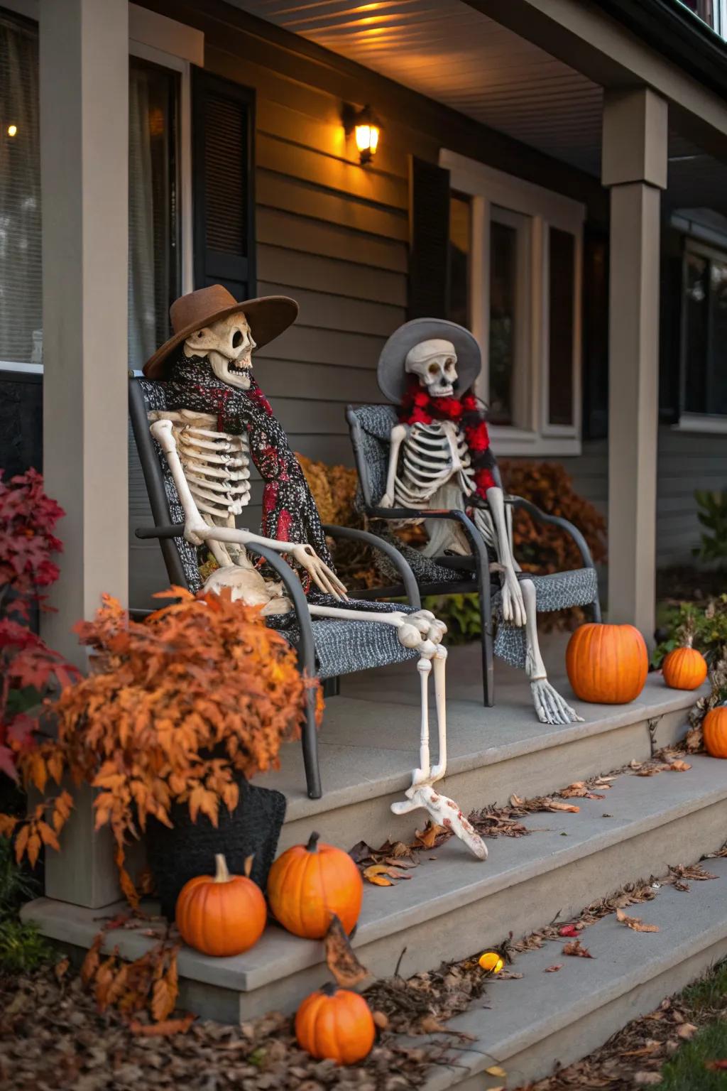 A quirky skeleton family adds character and humor to the Halloween decor.