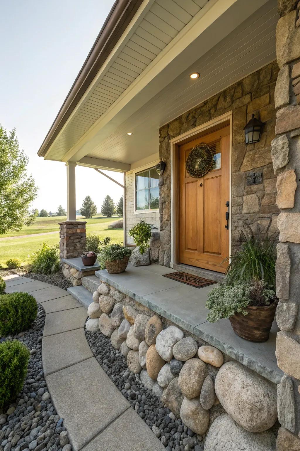 Rock features adding natural texture to a front porch landscape.