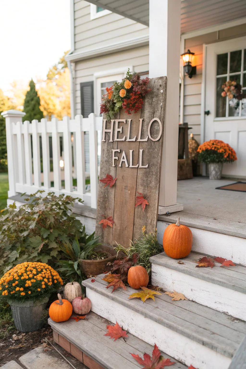 A cheerful 'Hello Fall' sign adds a personal touch to the decor.