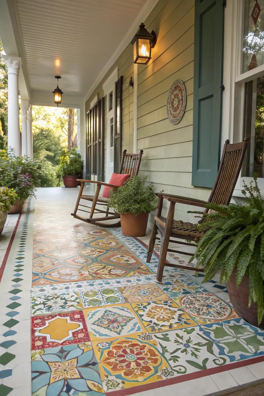 Colorful patterned tiles enhancing the porch's appeal.