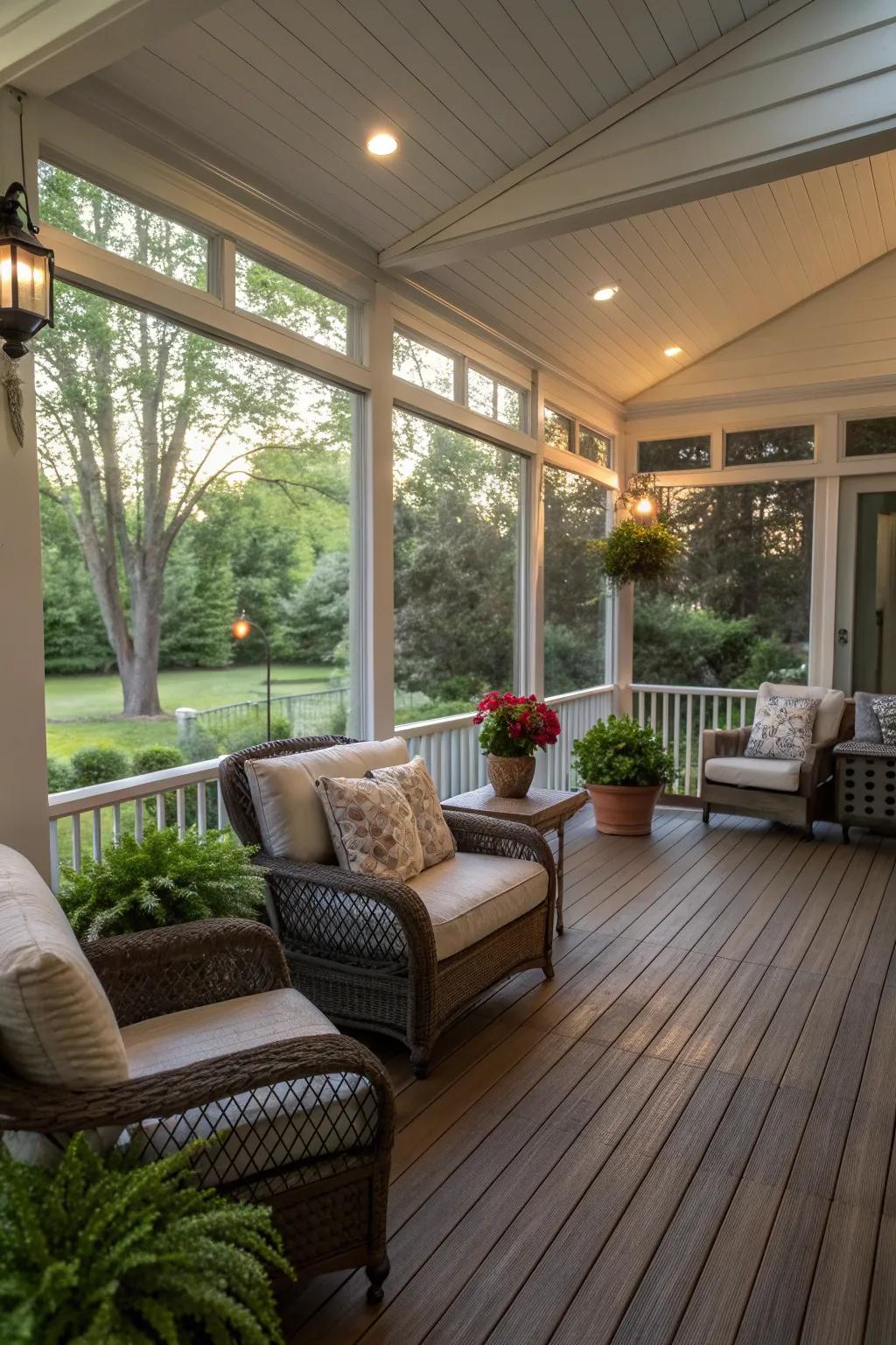 A fully enclosed porch offering protection and comfort with stylish screens.