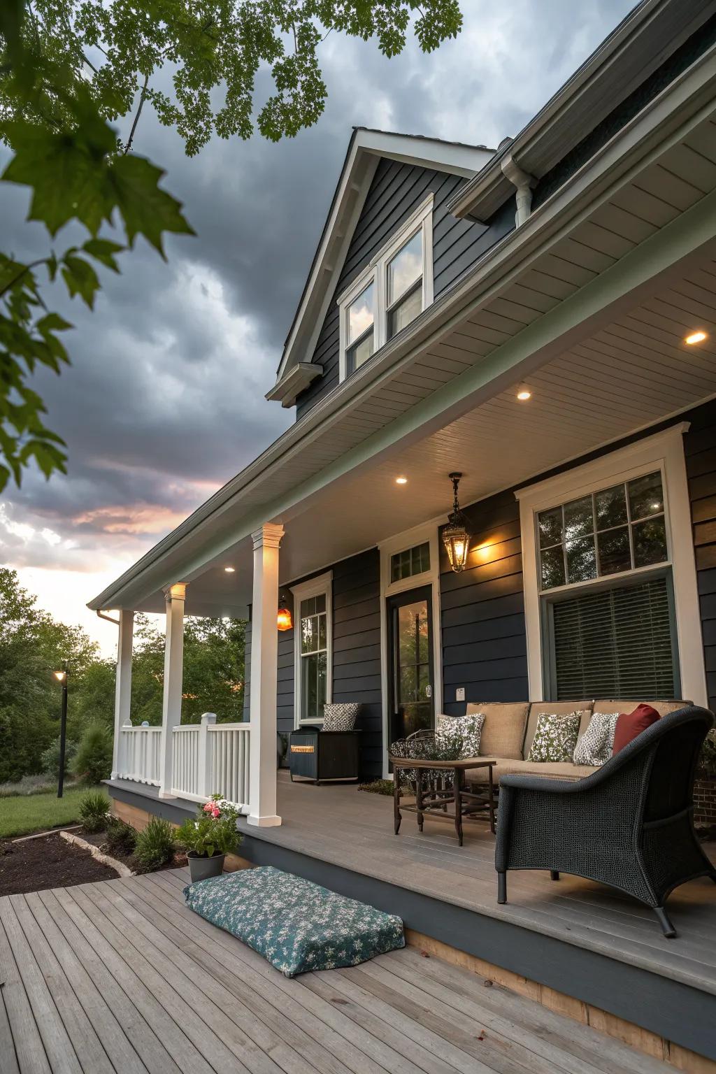 Dramatic front porch with bold dark siding.