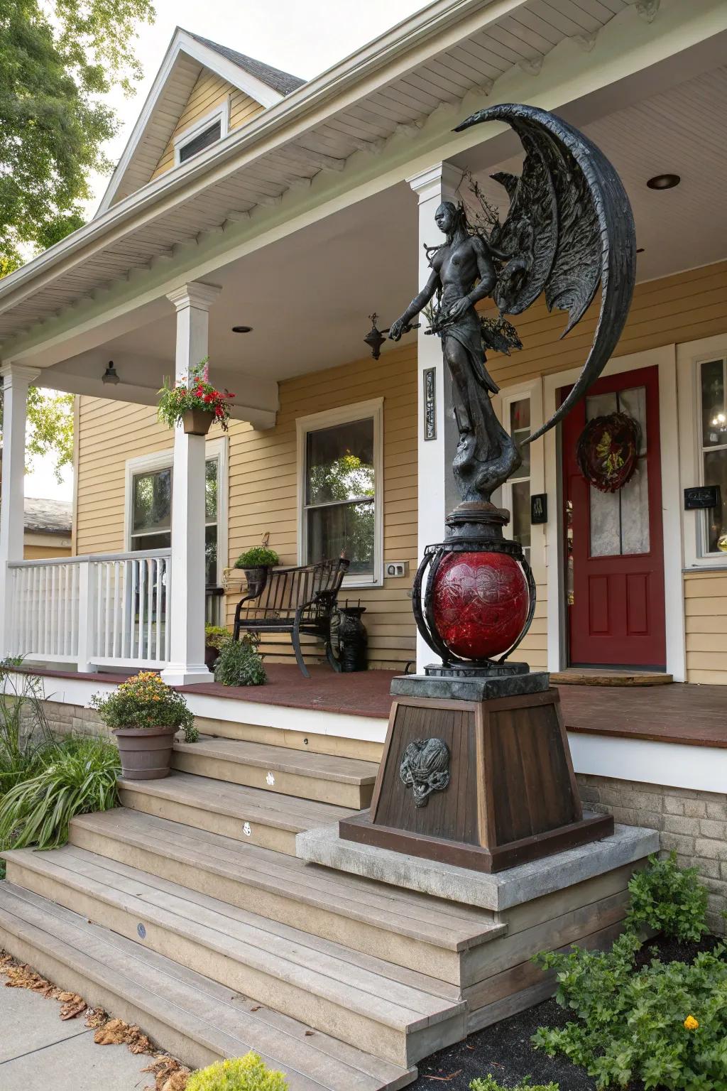 A large sculpture on the porch becomes an eye-catching centerpiece.