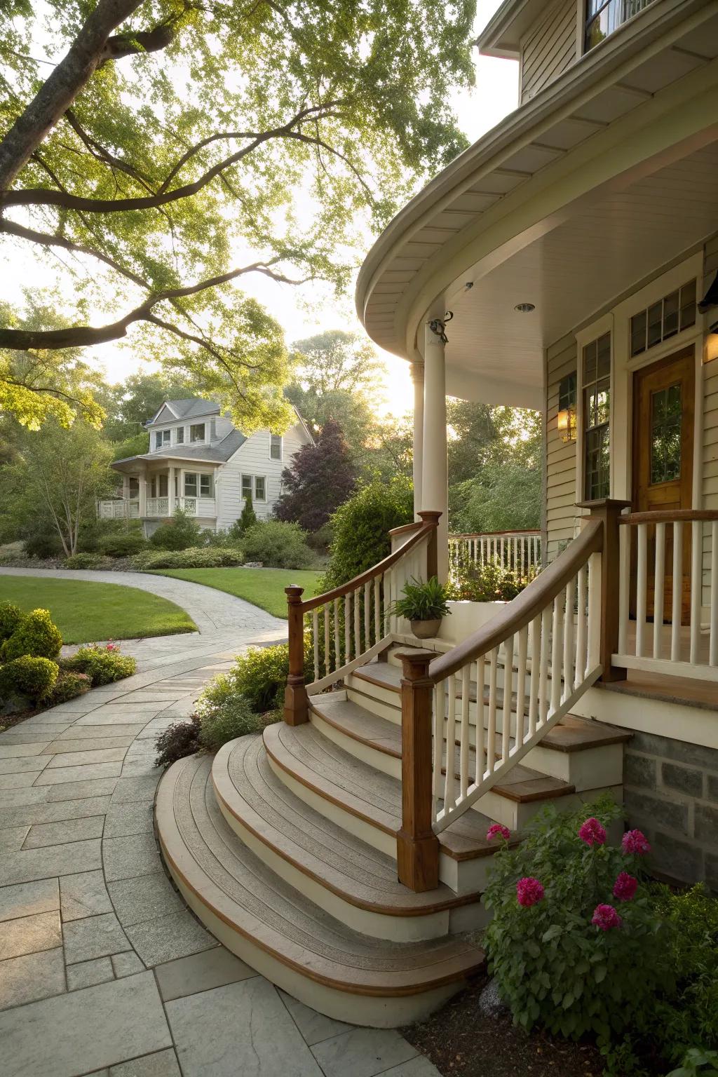 Curved landings offer a gentle, inviting approach.