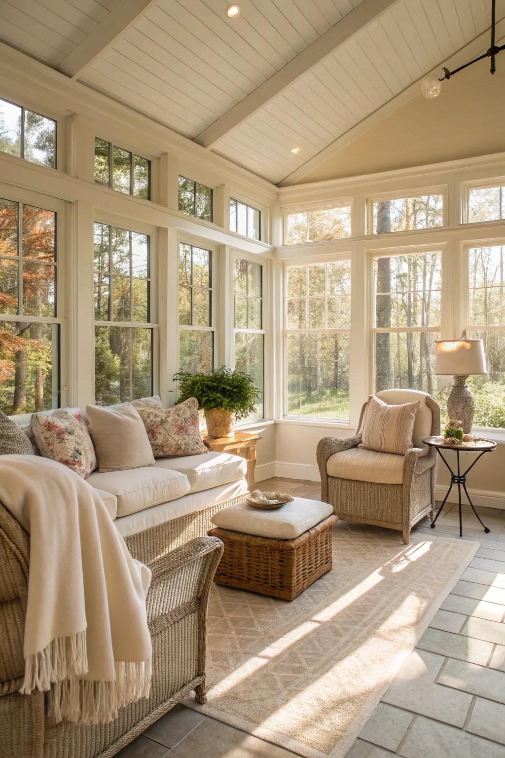 A sunroom bathed in soft neutrals and gentle sunlight.