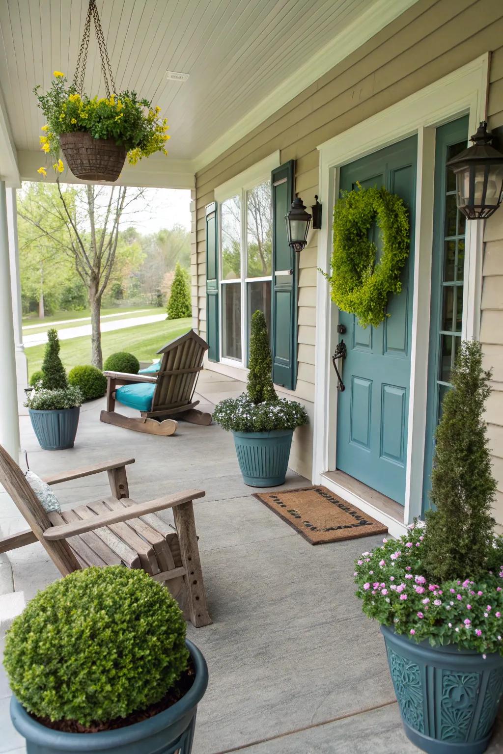 Color coordination ties the porch decor together.