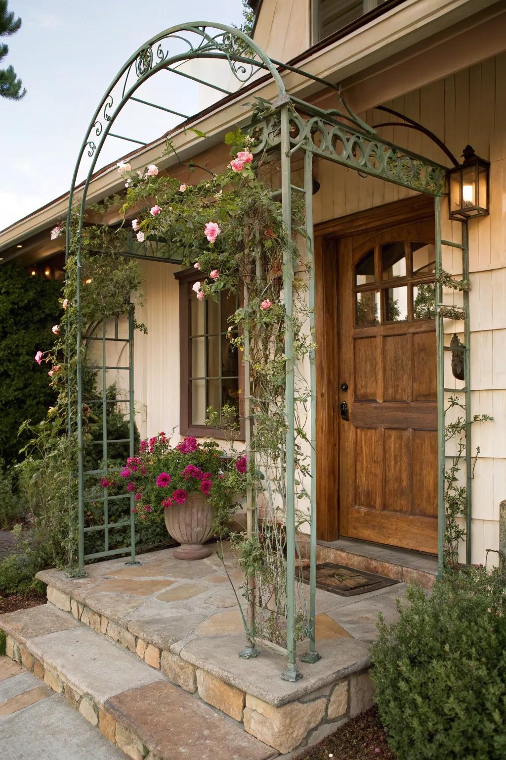 A metal trellis with patina, adding character and charm to the porch.