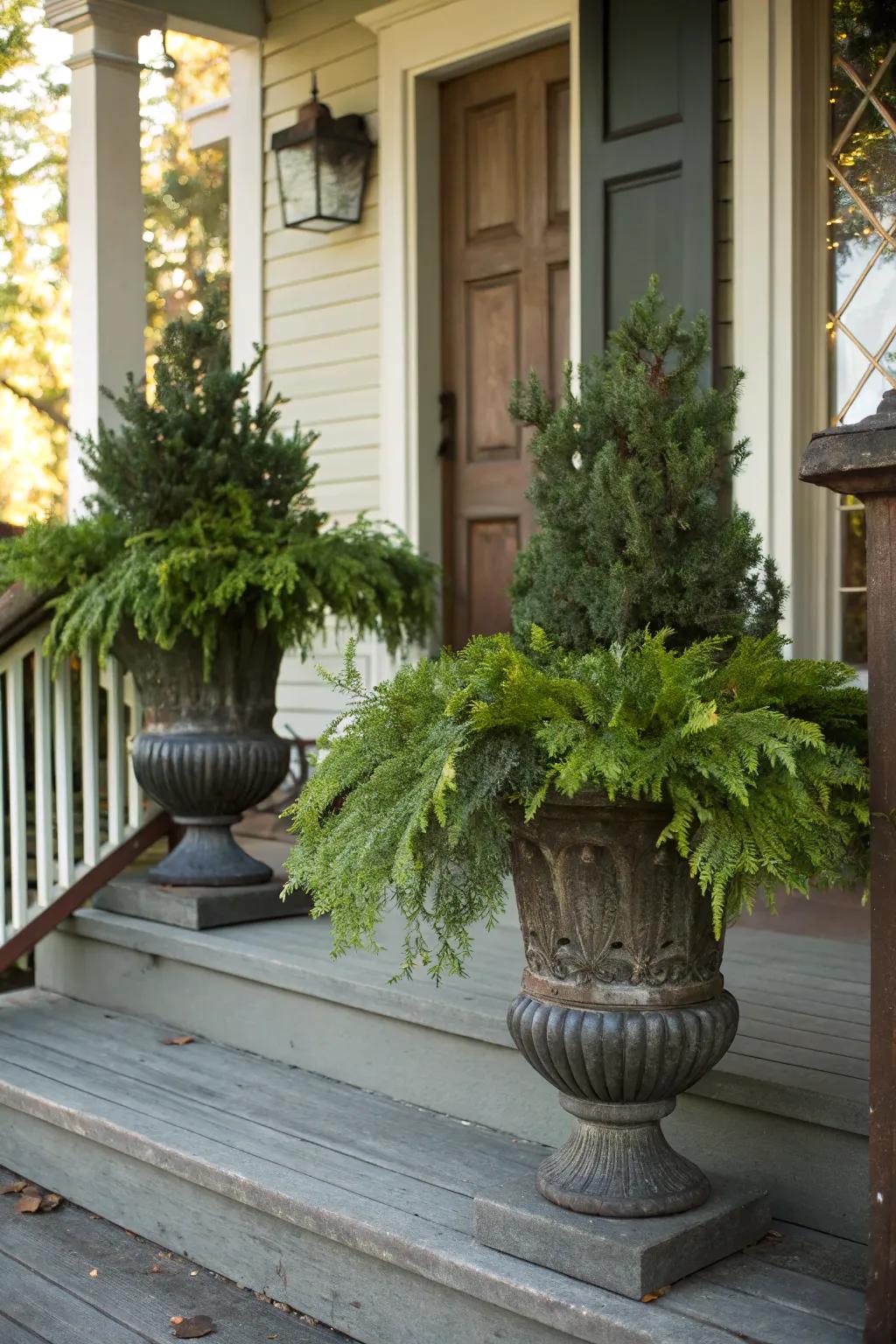 Enjoy year-round beauty with evergreen-filled urns.