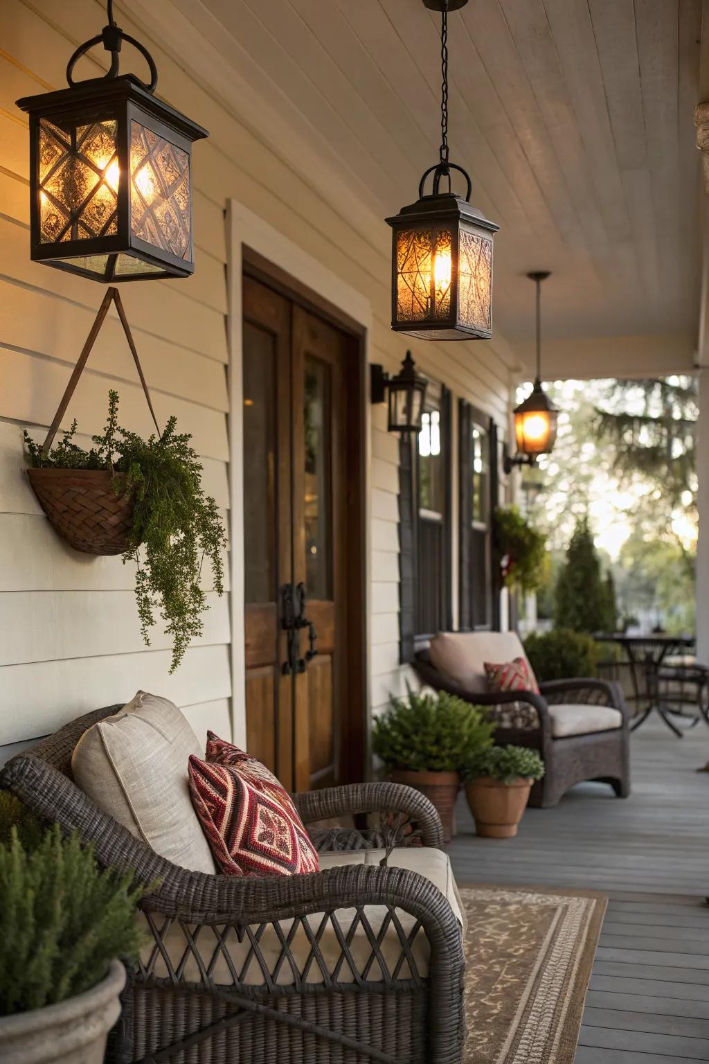 Lanterns add a warm and magical glow to the porch.