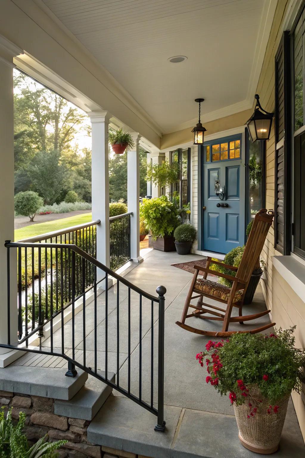 Open design black railings ensure a bright and airy porch.
