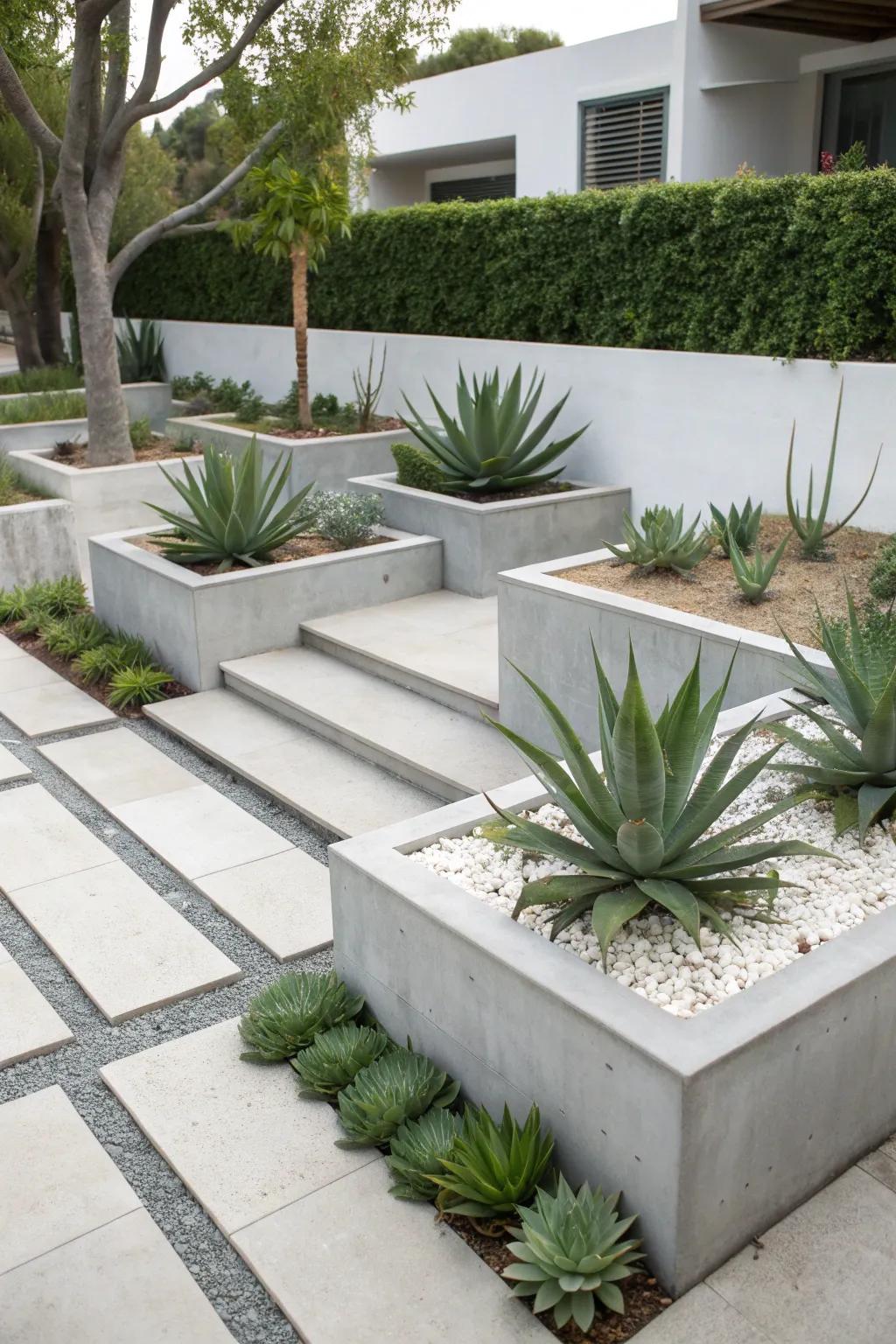 Modern minimalist garden with aloe vera and concrete