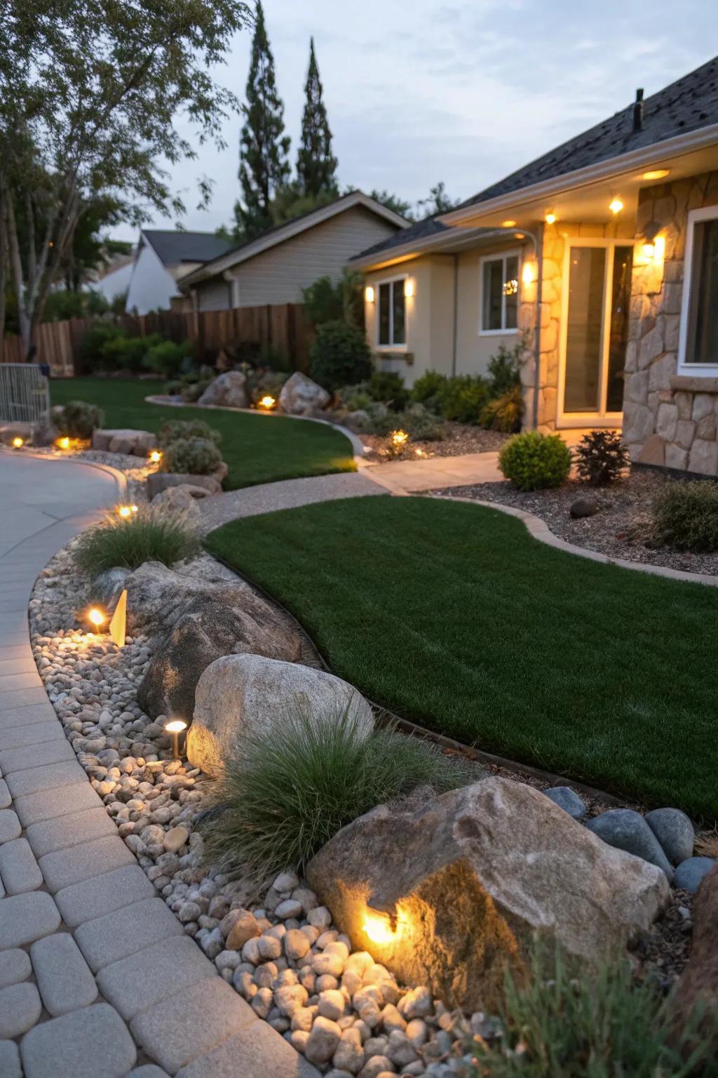 Accent lighting illuminating rocks and pathways.