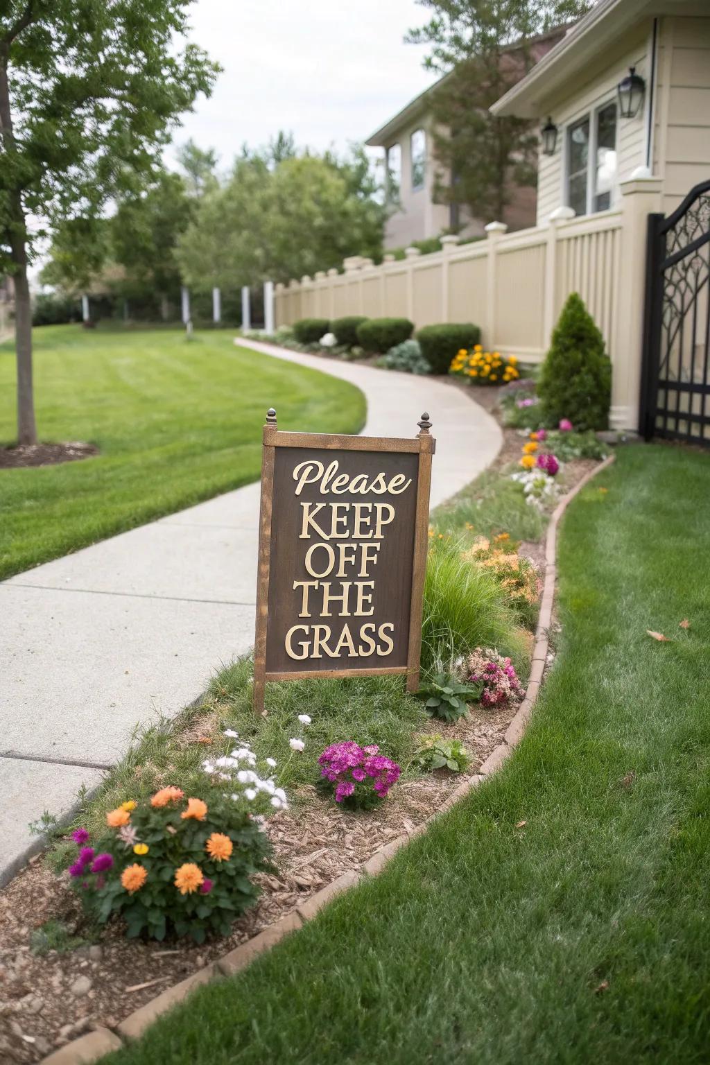 A charming sign adds a polite reminder to stay off the grass.