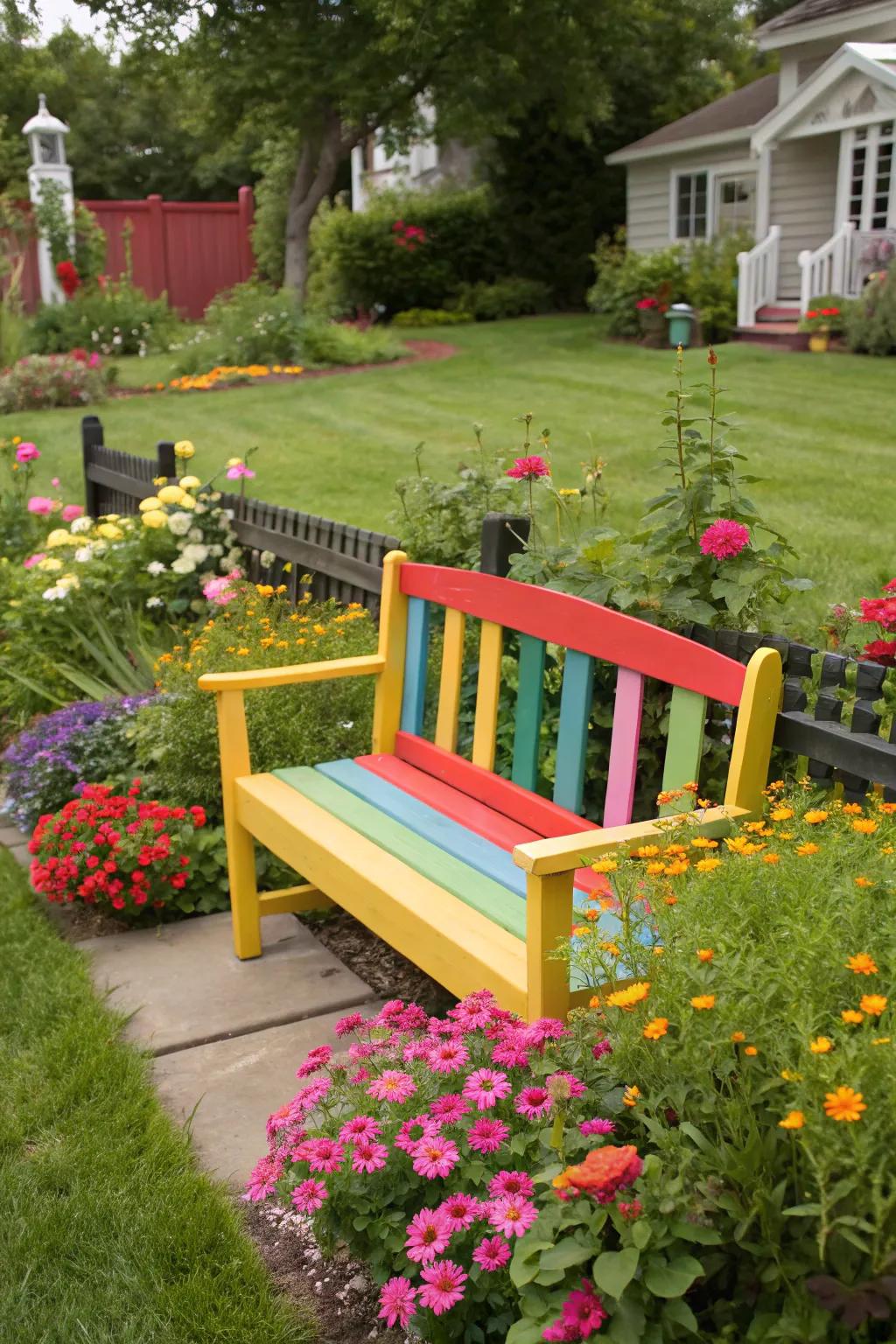 A brightly painted bench adds a splash of personality and cheer.