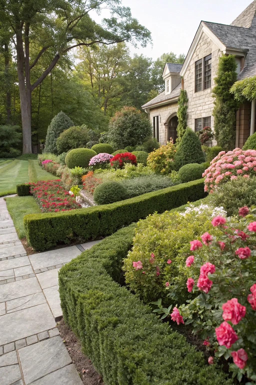 Seasonal blooms pop against the evergreen boxwoods.