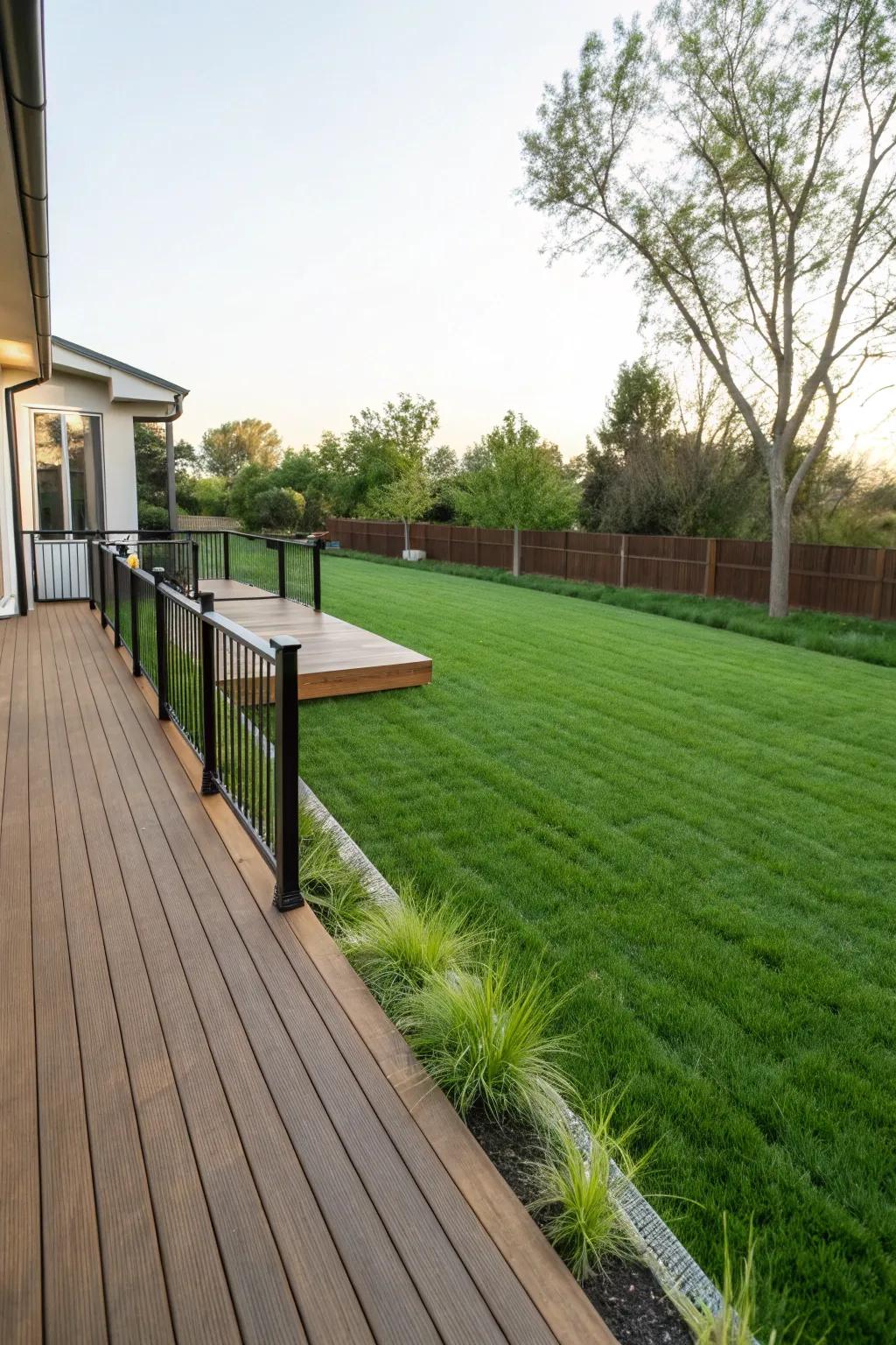 A seamless blend from a front yard deck to the lush lawn.