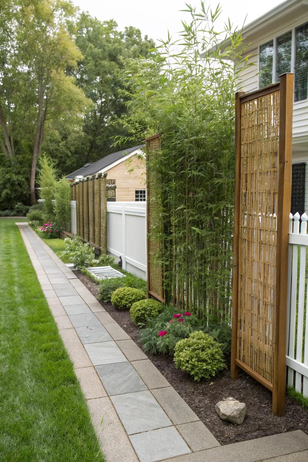 Bamboo screens offer an exotic and functional yard division.
