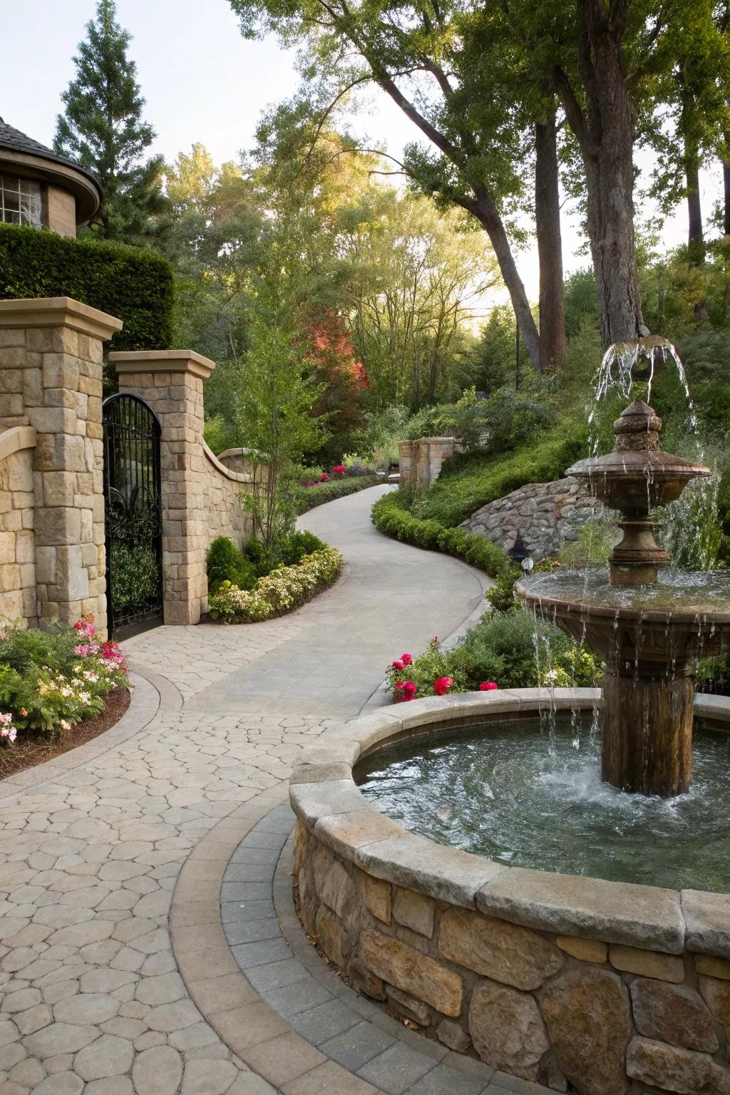 Water features add tranquility and elegance to driveways.