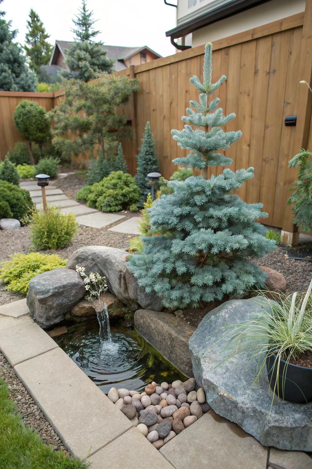 Create a serene Feng Shui corner with dwarf blue spruce.