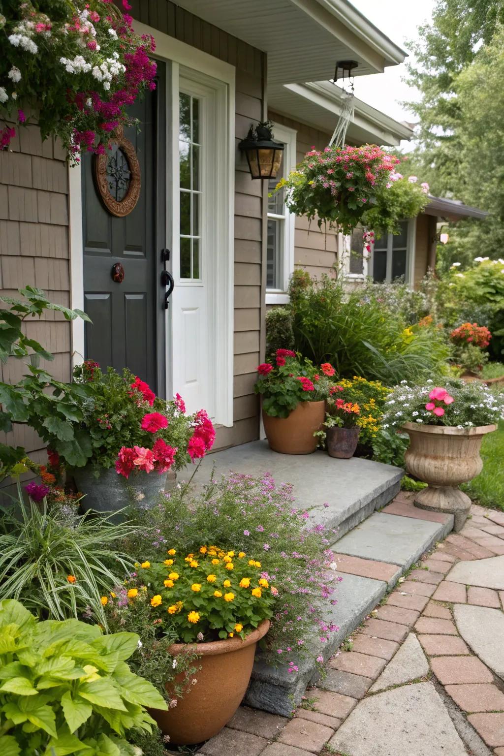 Potted plants provide a versatile and dynamic entrance.