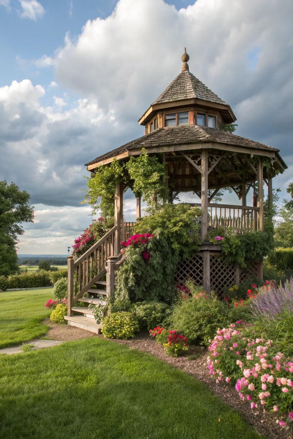 A treehouse-style gazebo adds whimsy and fun.