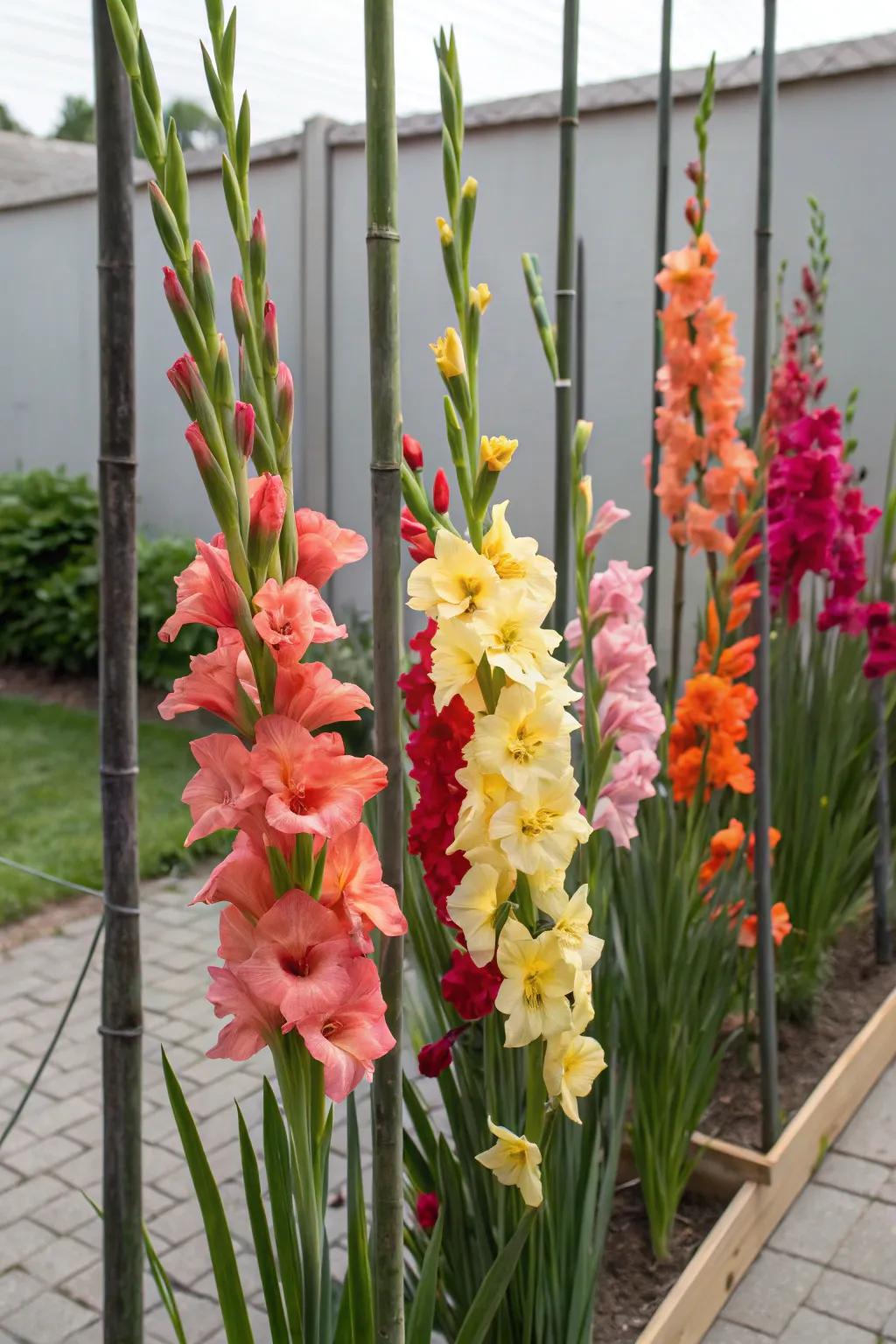 Gladiolus flowers form a vertical tower with the help of tall stakes.