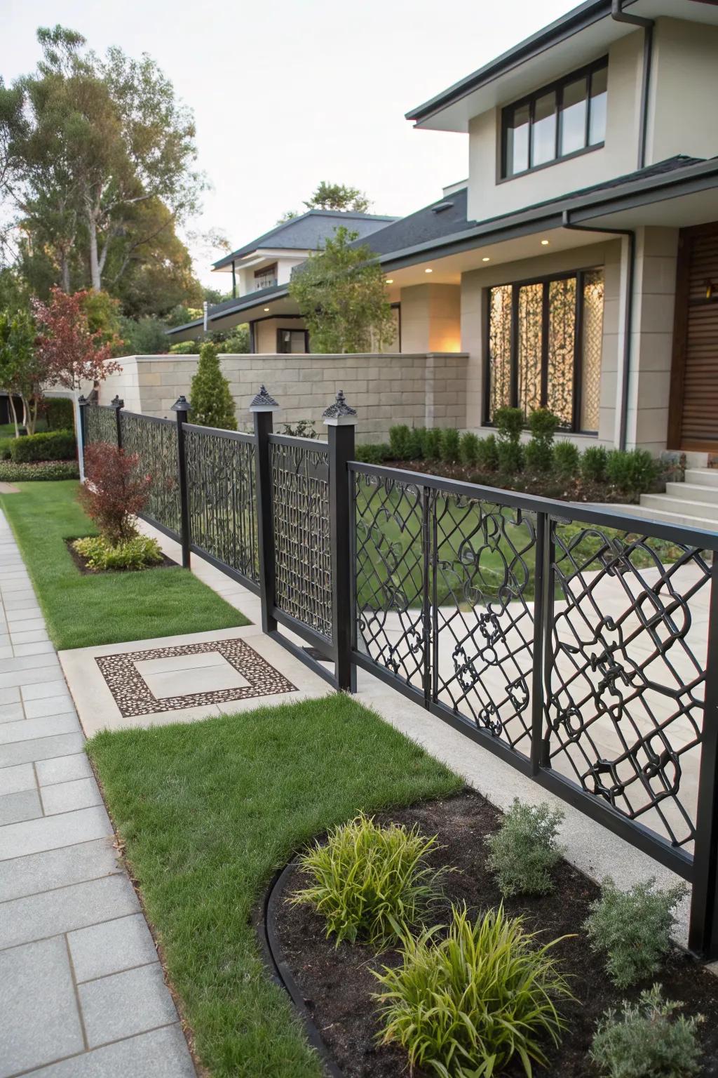 Geometric patterns add a contemporary edge to this iron fence.