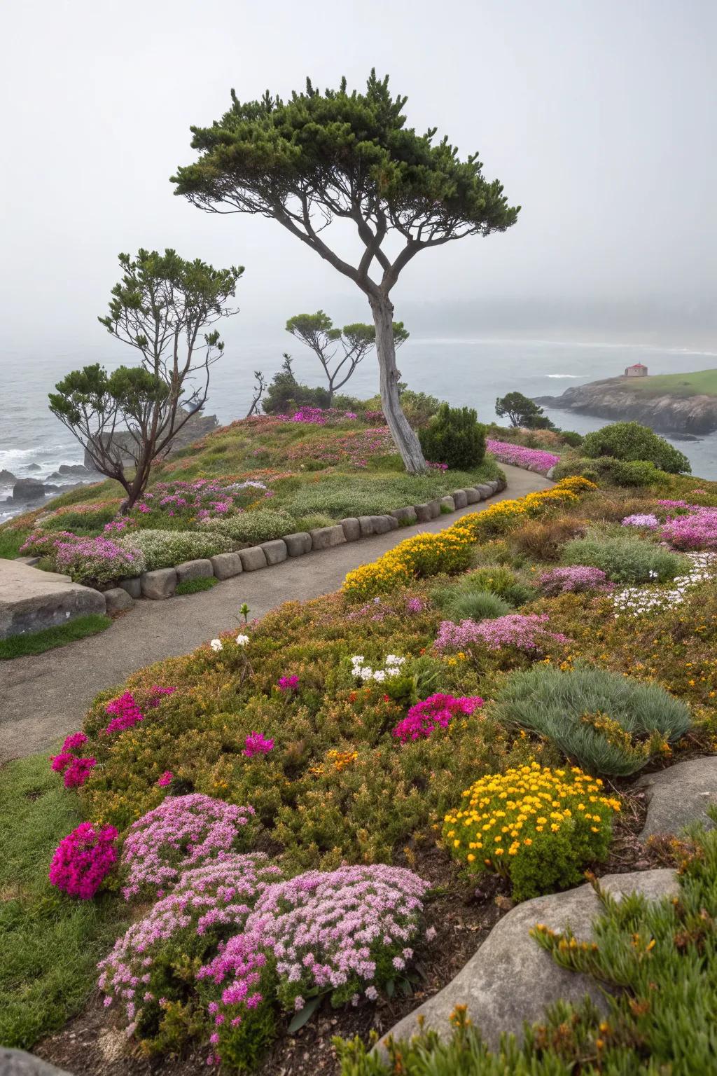 An island flower bed featuring miniature trees as focal points in a front yard.