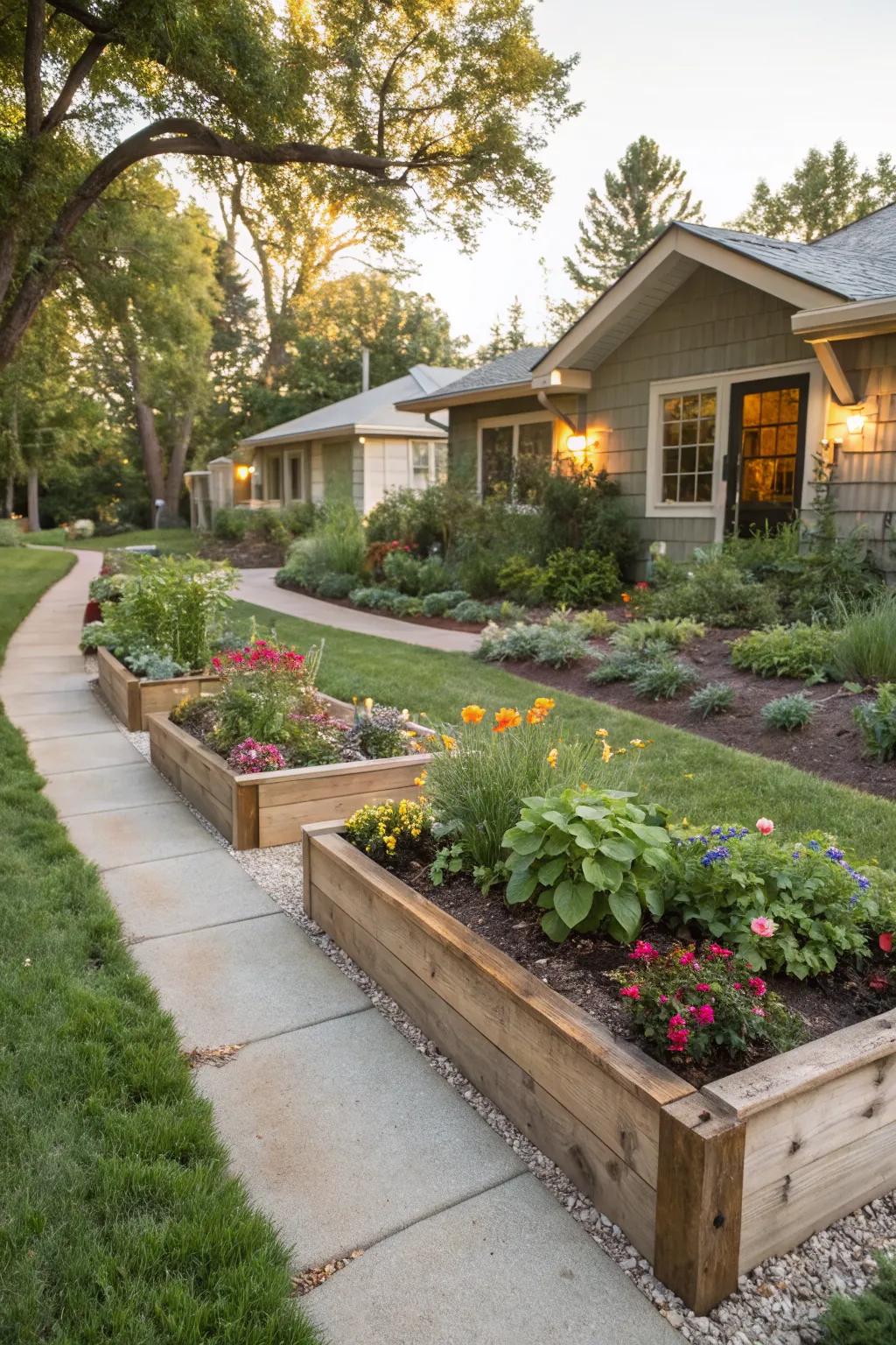 Raised beds add height and dimension to the front yard landscape.