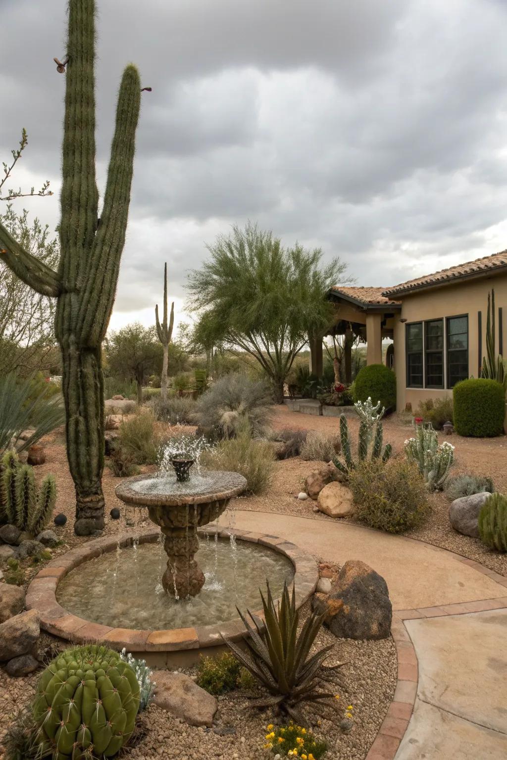 A serene water feature adds elegance to an Arizona front yard.