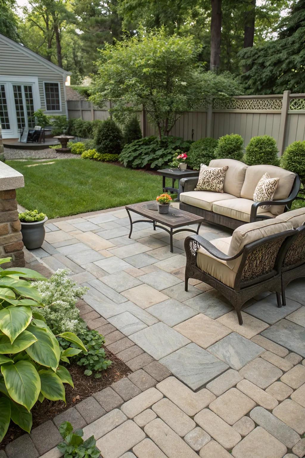 Create a welcoming seating area with paver tiles.