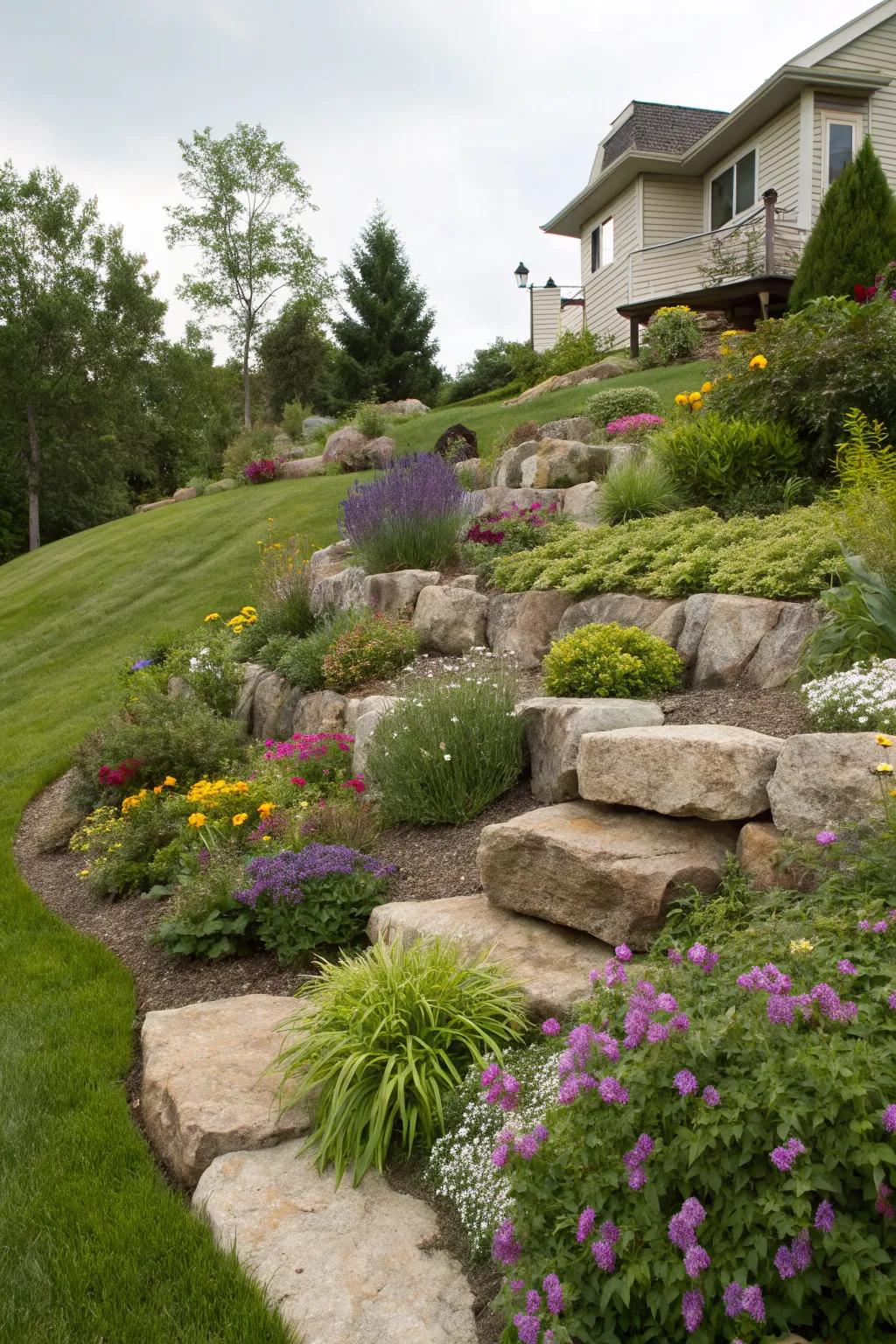 A beautifully tiered rock garden that gracefully handles elevation.