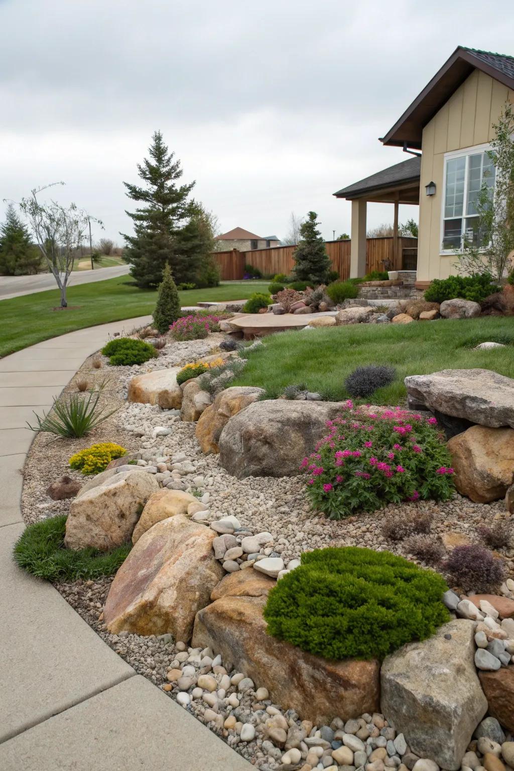 Rocks and pebbles creating texture in a Zone 6 front yard rock garden.