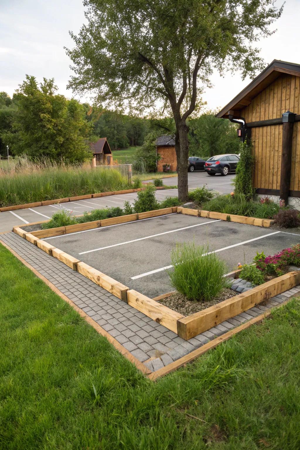 Wooden accents bringing warmth and charm to the parking pad.