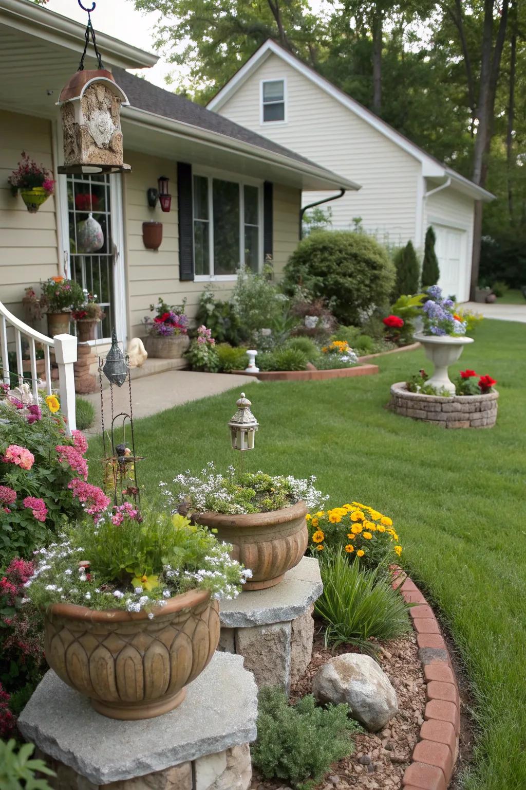 A front yard featuring decorative planters and charming garden ornaments.