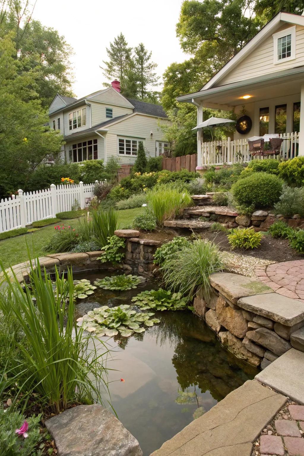 Layered landscaping adds depth to a pond area.