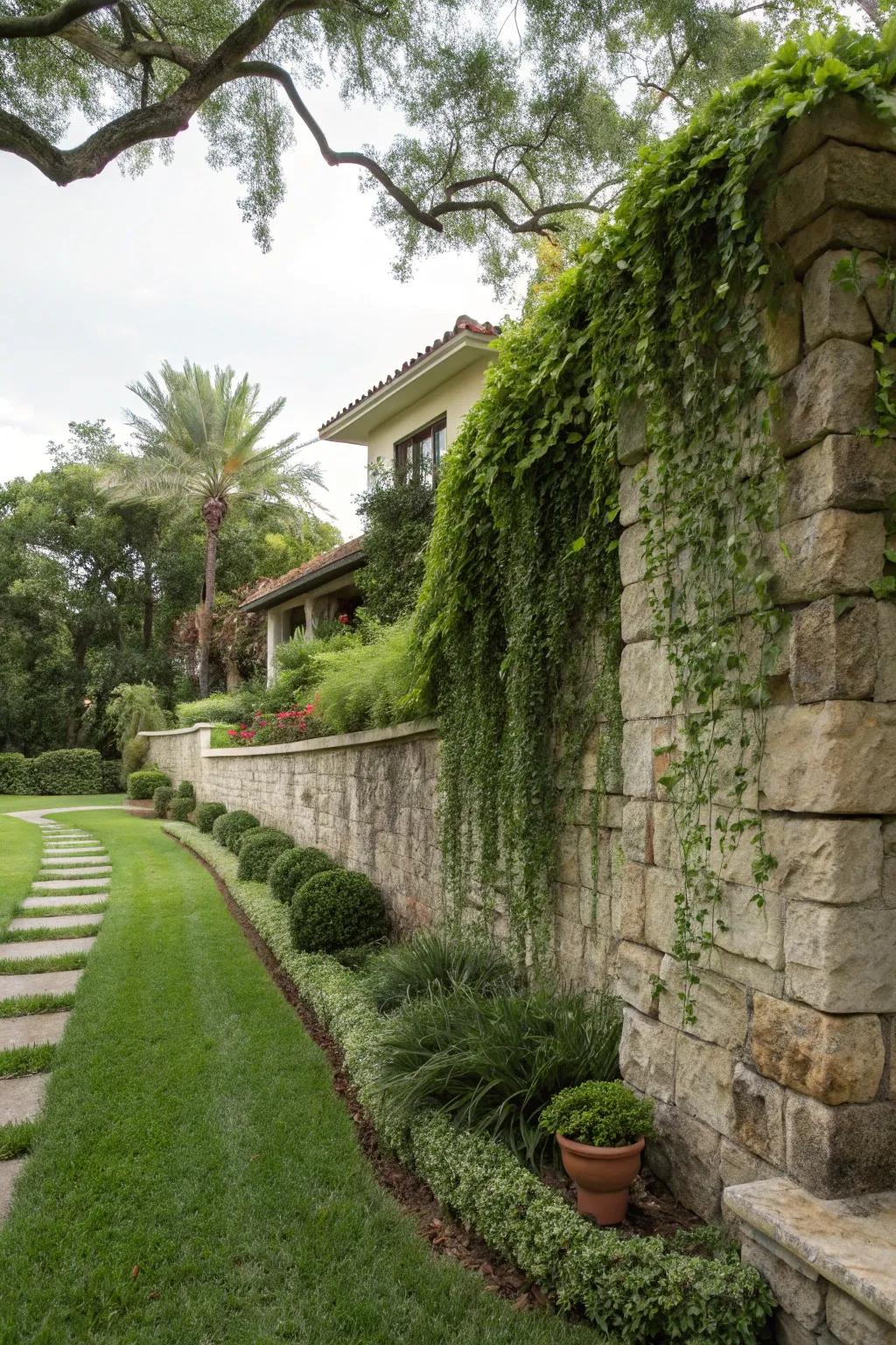 Stone walls combined with plants provide privacy with rustic charm.