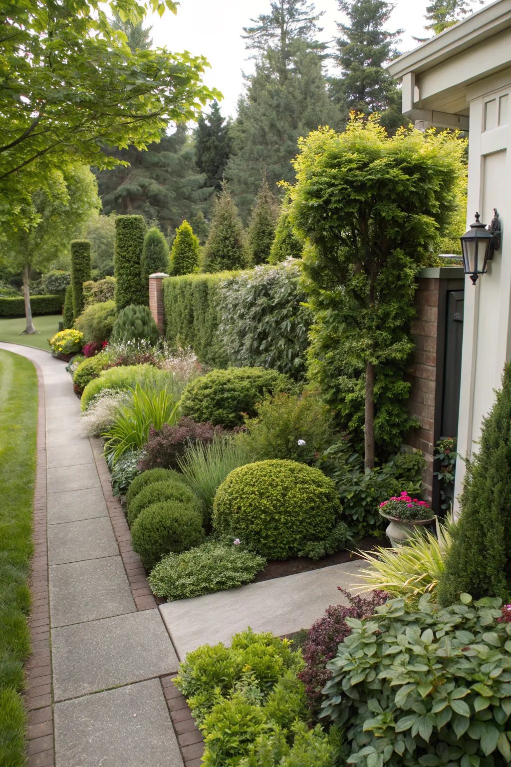 Layered plantings provide depth and a natural screen.