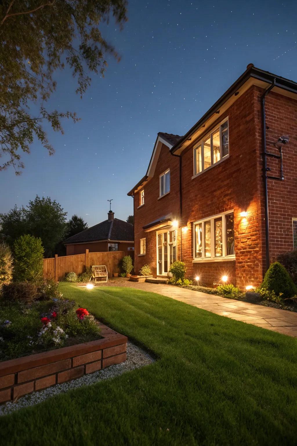 Accent lighting highlights this red brick house's features beautifully at night.