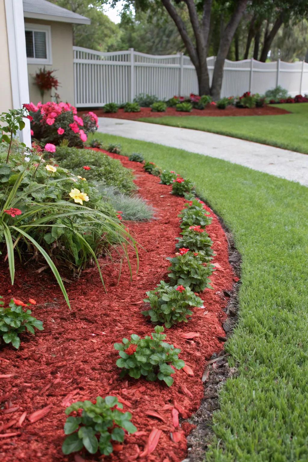 Striking contrast of red mulch against lush green grass.