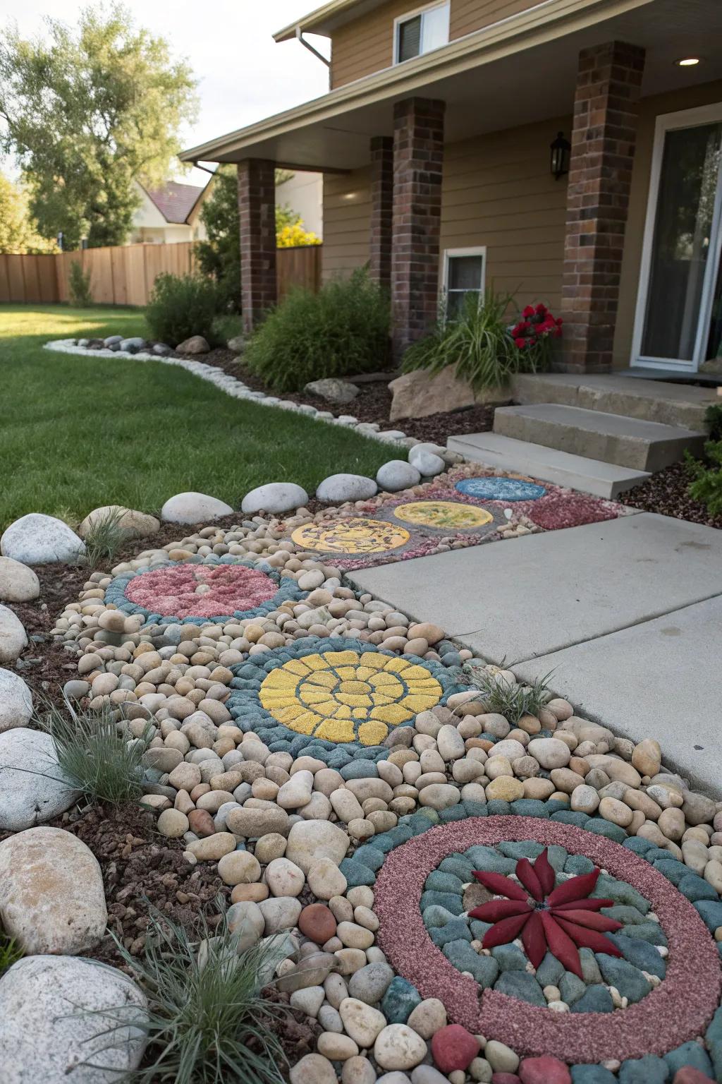 Colorful river rocks create eye-catching patterns.