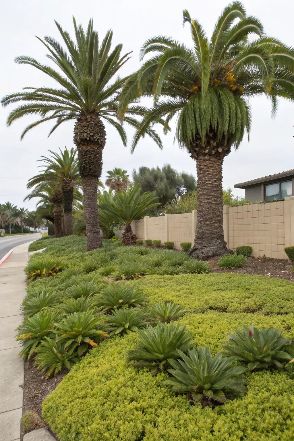 Ground covers provide a beautiful contrast to sago palms.