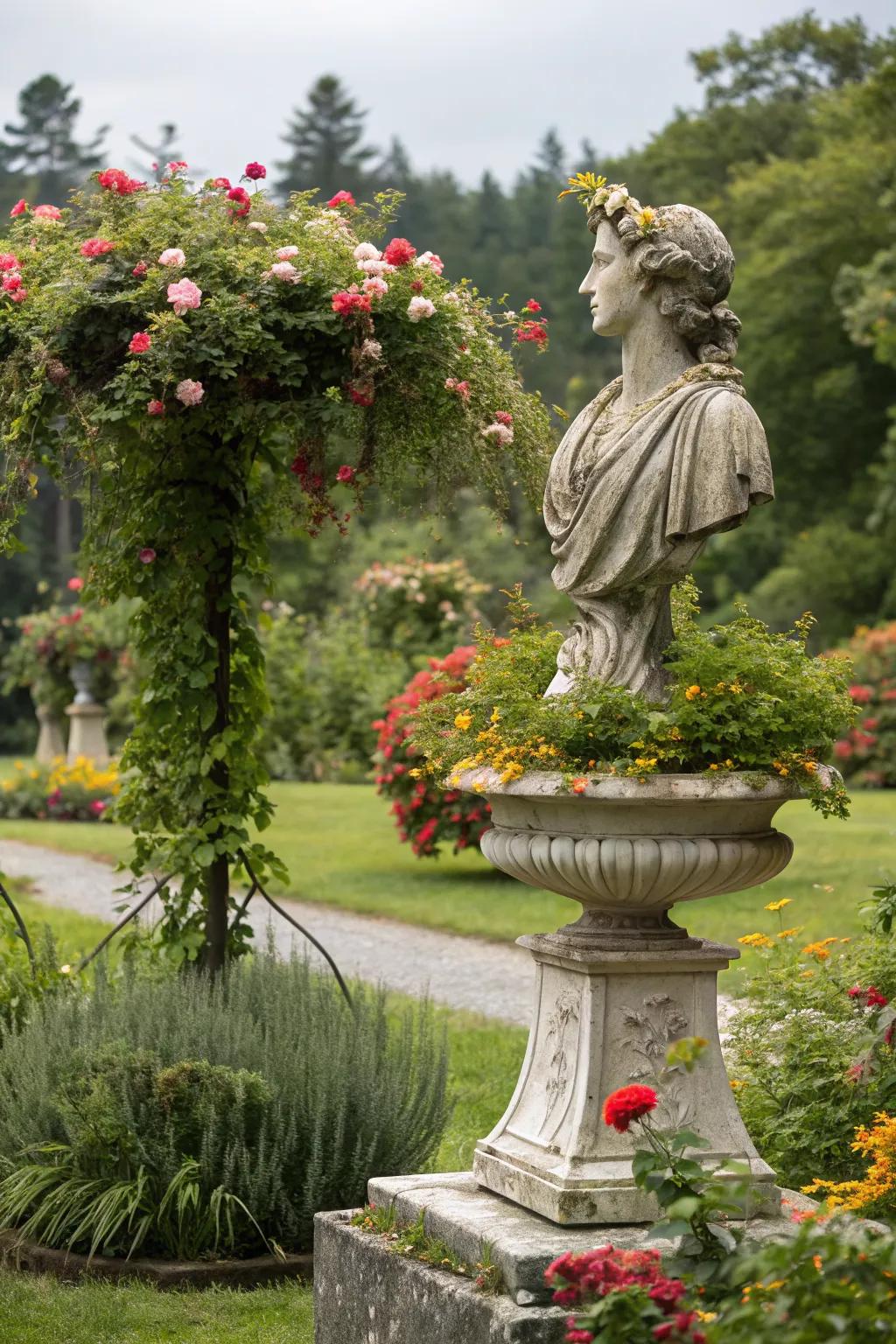 A statue adorned with flowers, adding dynamic beauty.