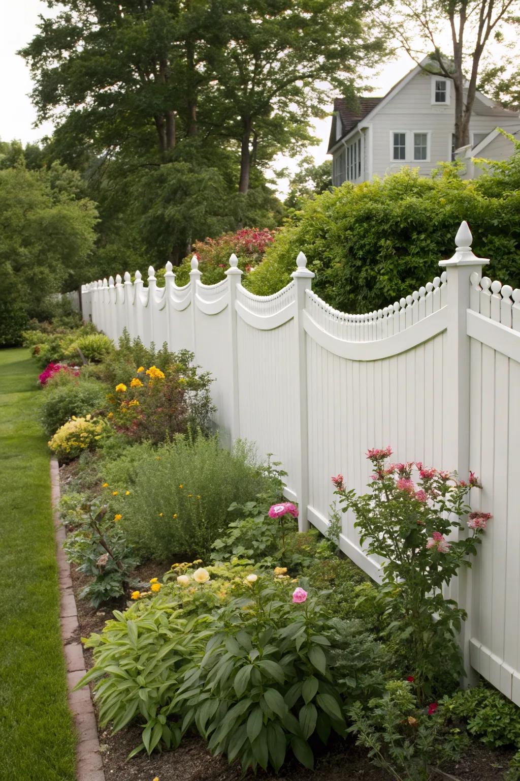 Scalloped edges on a vinyl fence adding a whimsical touch.