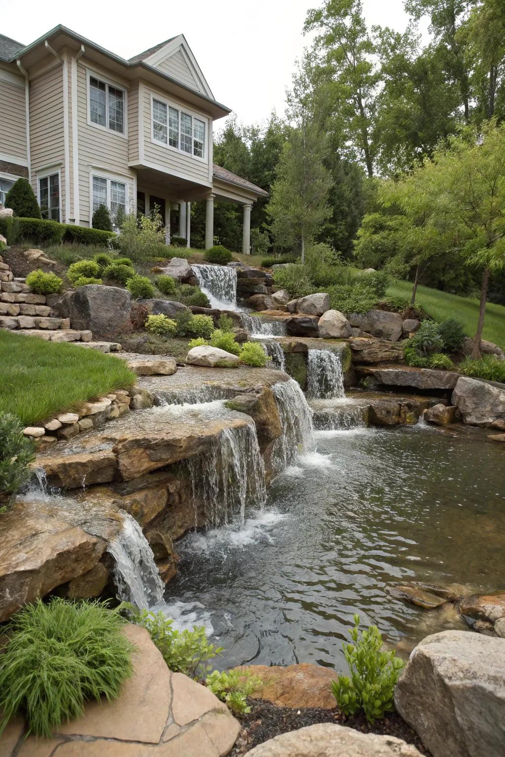 Multiple levels add visual interest and dynamic sound to your waterfall.