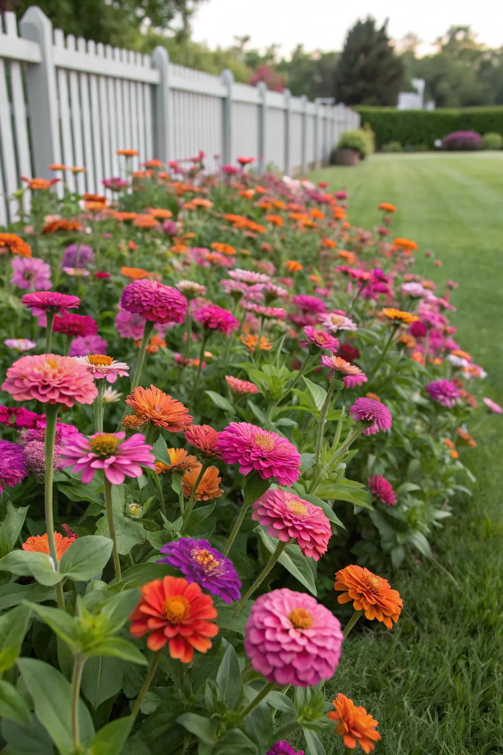A compact planting of zinnias creates a lush, colorful display.
