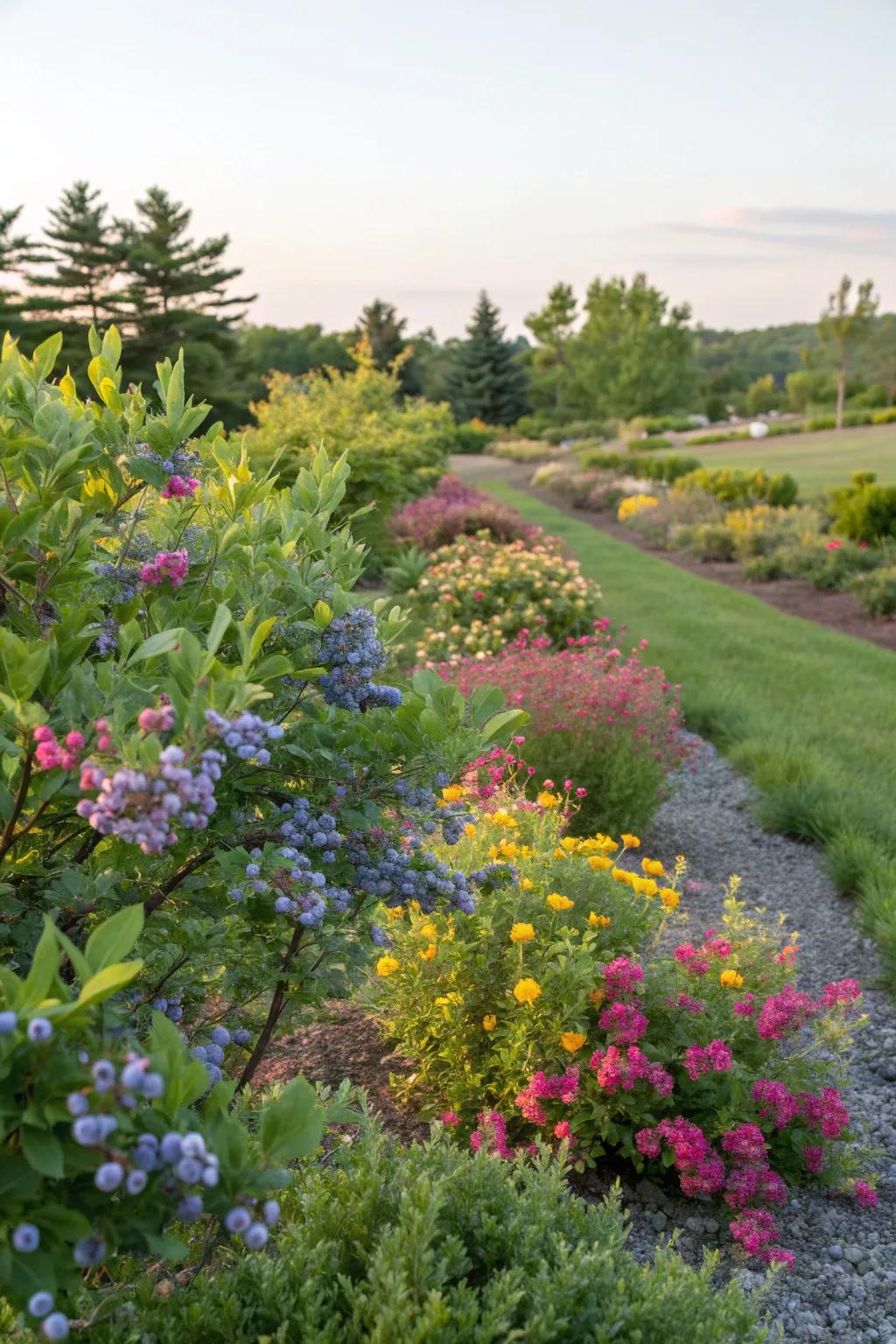 A harmonious blend of blueberry bushes and ornamental flowers.