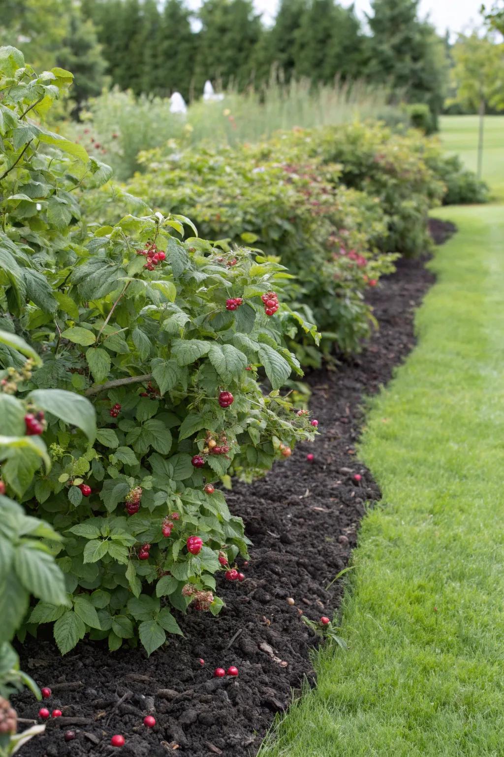 Mulching around raspberry bushes aids in moisture retention and weed control.