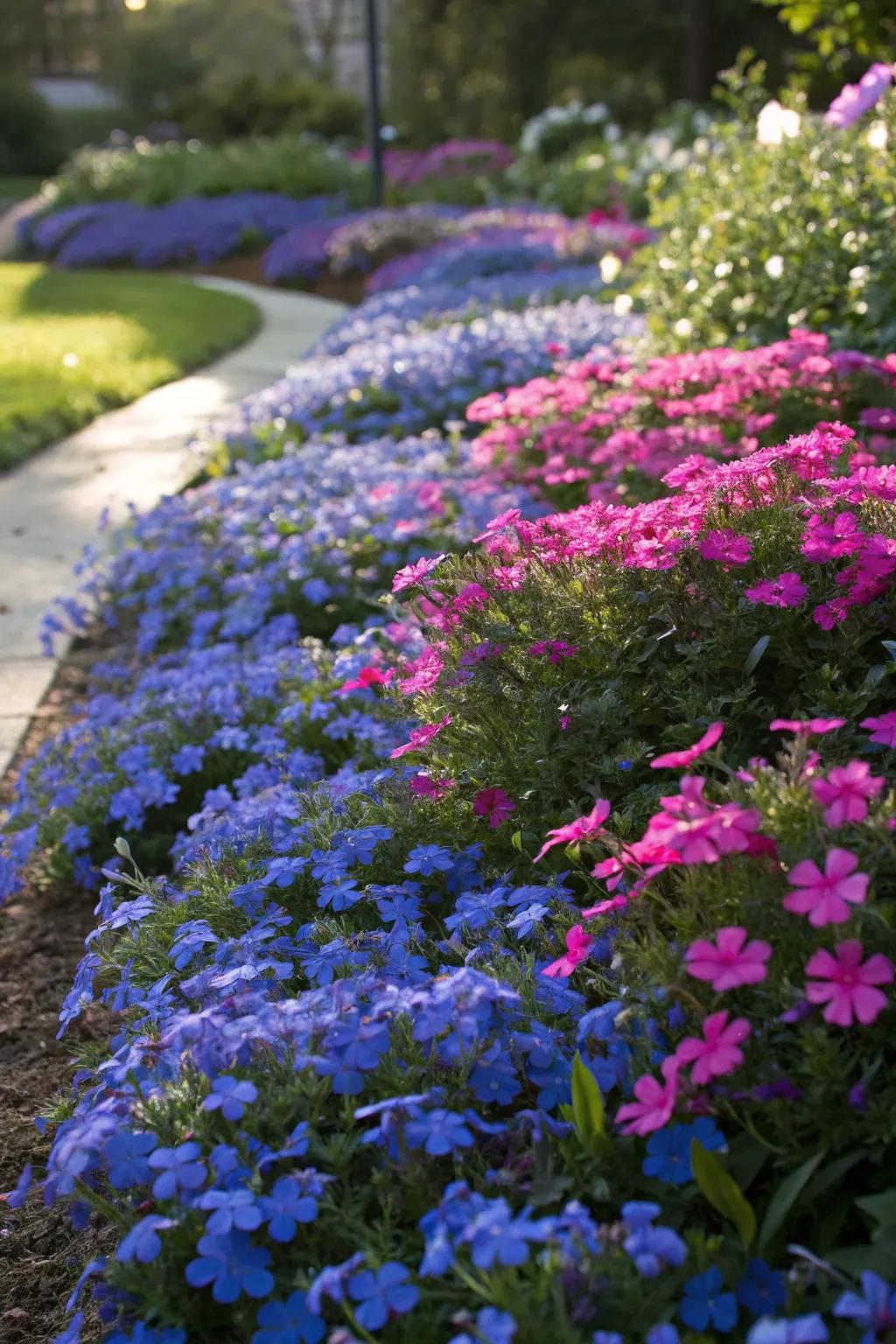 Lobelia and sunpatiens create a dense and vibrant garden bed in full sun.